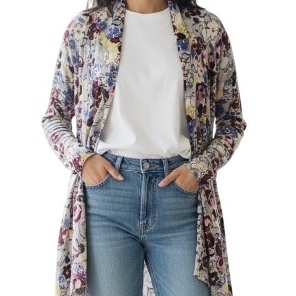 ANTHROPOLOGIE GUINEVERE Floral Open Front Hankie Hem‎ Lightweight Cardigan S